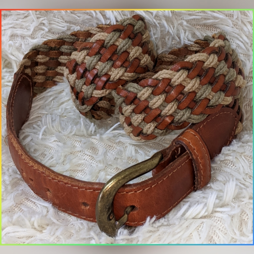 VINTAGE L.L. BEAN COLORFUL TWINE & LEATHER BELT - Picture 3 of 5